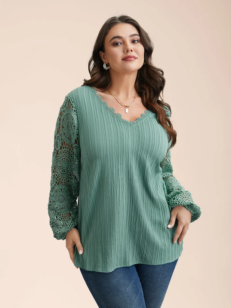 Scalloped Lace Textured Sheer Sleeve Blouse