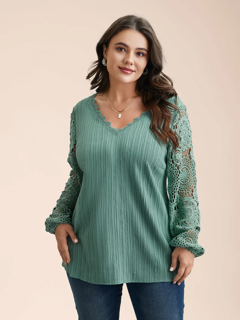Scalloped Lace Textured Sheer Sleeve Blouse