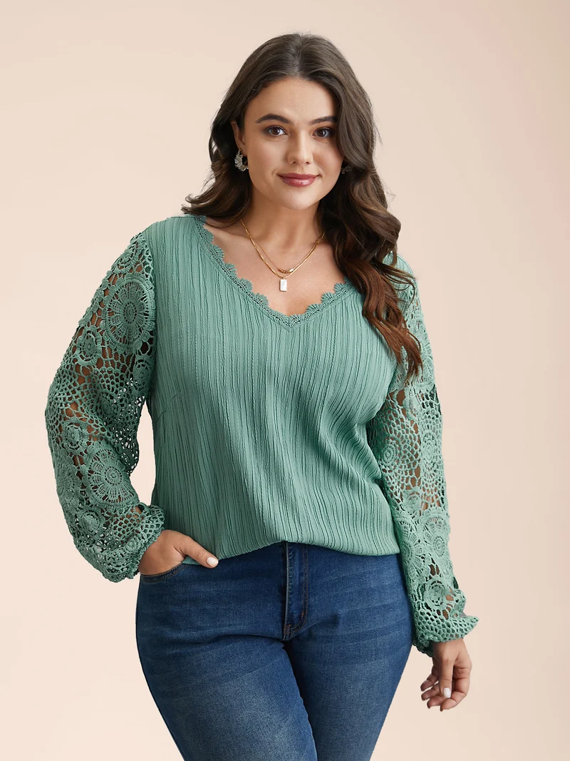 Scalloped Lace Textured Sheer Sleeve Blouse