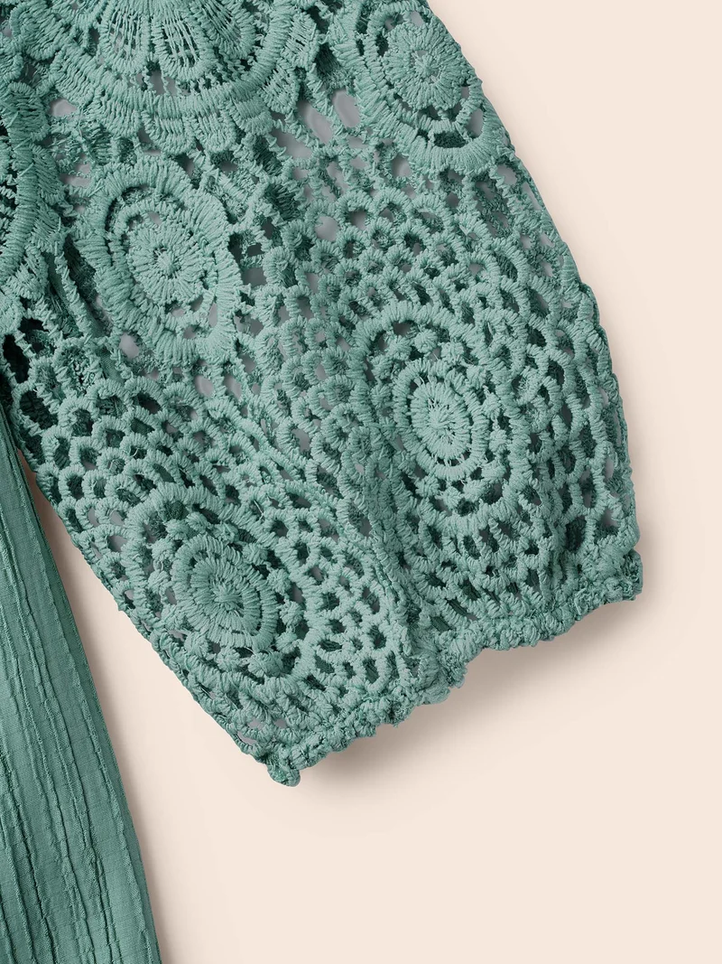Scalloped Lace Textured Sheer Sleeve Blouse