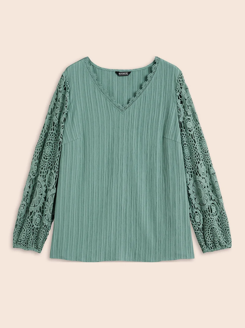 Scalloped Lace Textured Sheer Sleeve Blouse