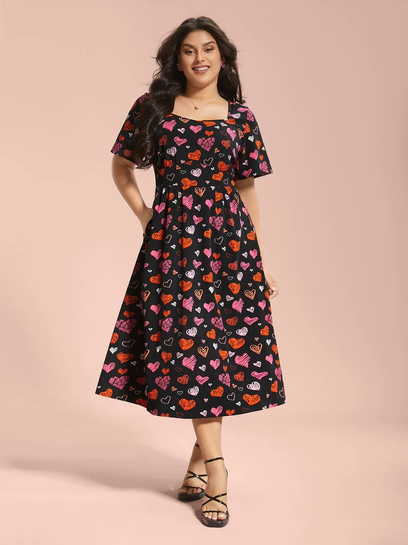 Heart Print Ruched Stretchy Waist Dress