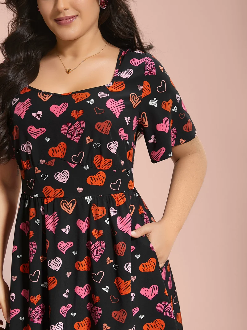 Heart Print Ruched Stretchy Waist Dress