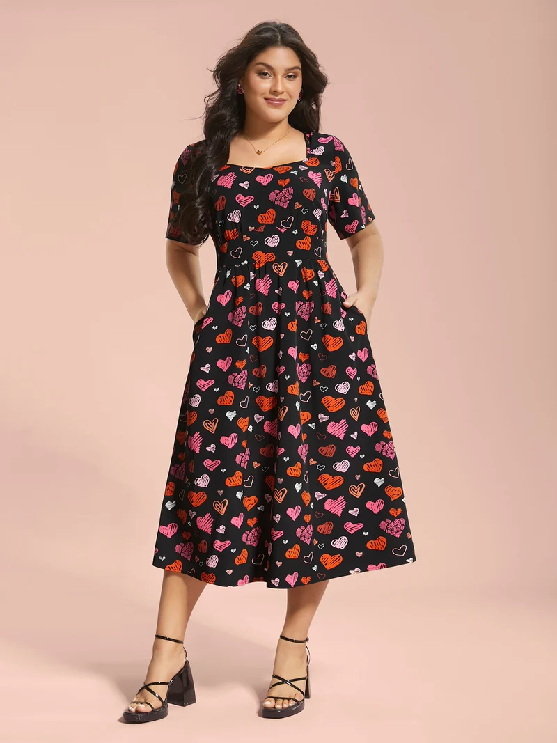 Heart Print Ruched Stretchy Waist Dress