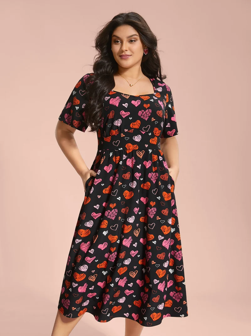Heart Print Ruched Stretchy Waist Dress