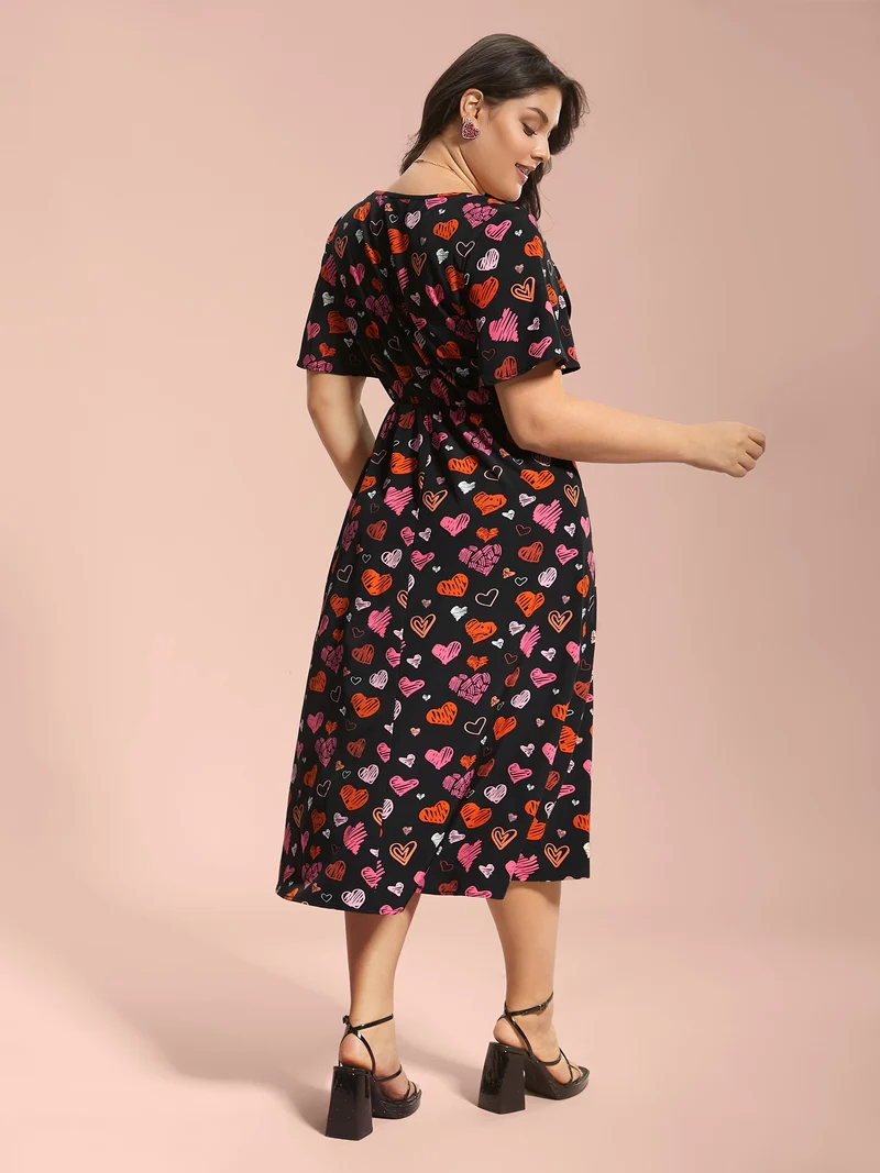 Heart Print Ruched Stretchy Waist Dress