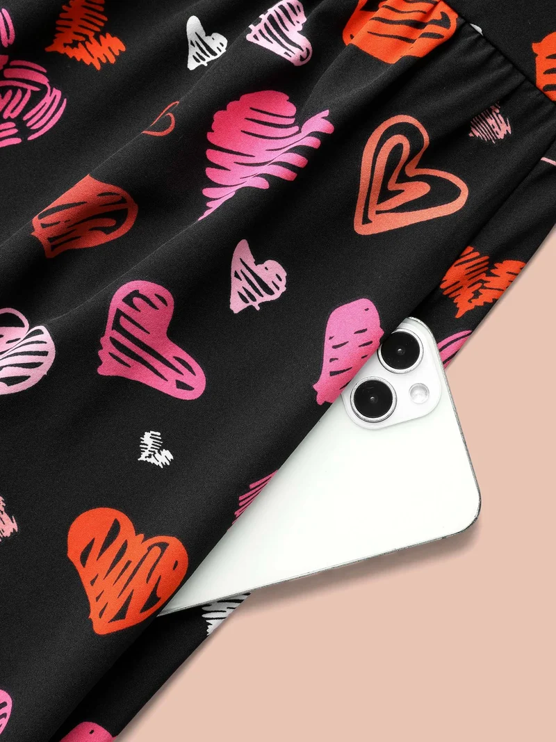 Heart Print Ruched Stretchy Waist Dress