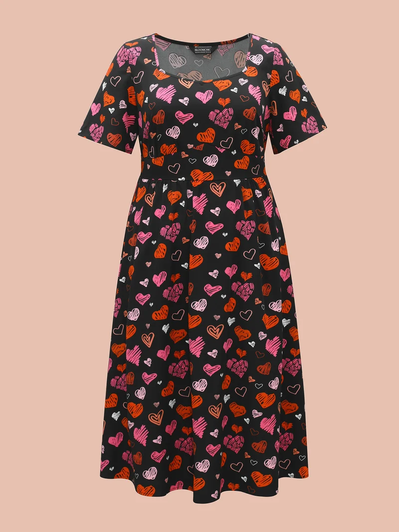 Heart Print Ruched Stretchy Waist Dress