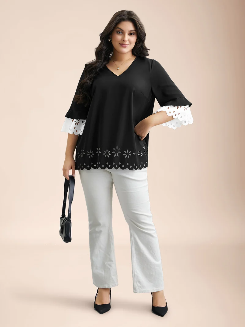 Laser Cut Color Contrast V-Neck Blouse