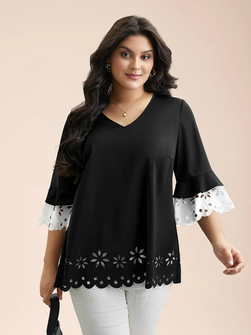 Laser Cut Color Contrast V-Neck Blouse