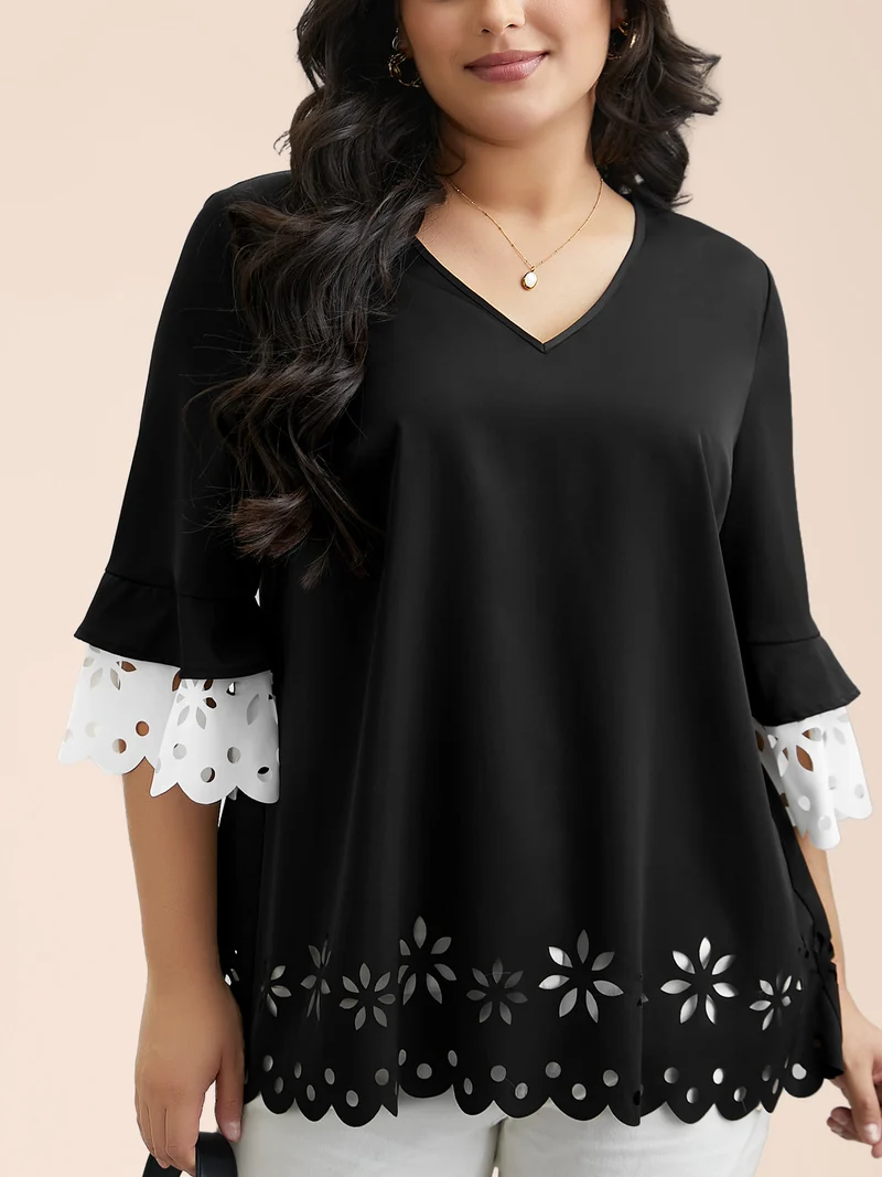 Laser Cut Color Contrast V-Neck Blouse