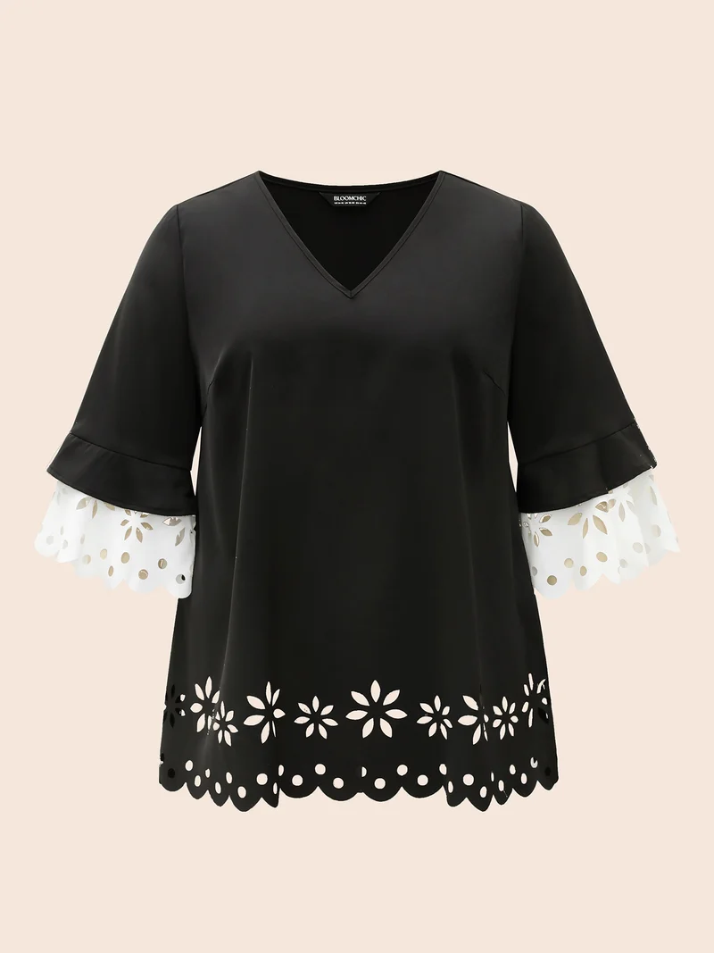 Laser Cut Color Contrast V-Neck Blouse