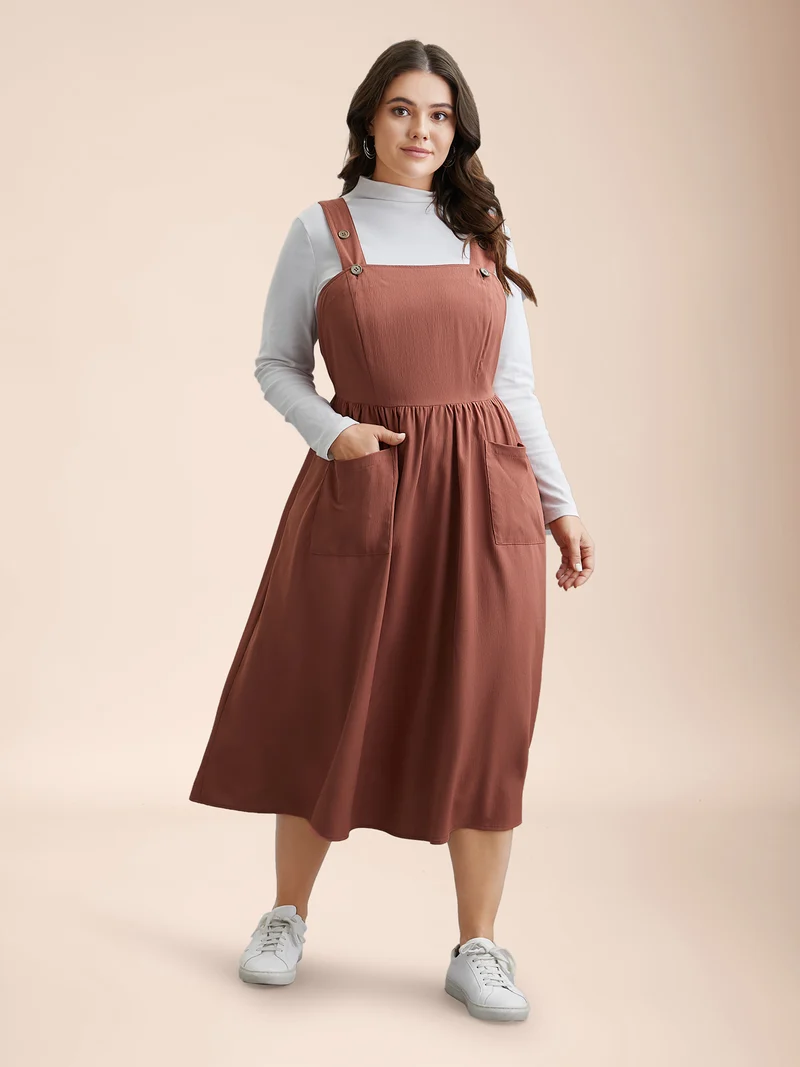 Overall Straps Stretchy-Waist Pockets Midi Dress