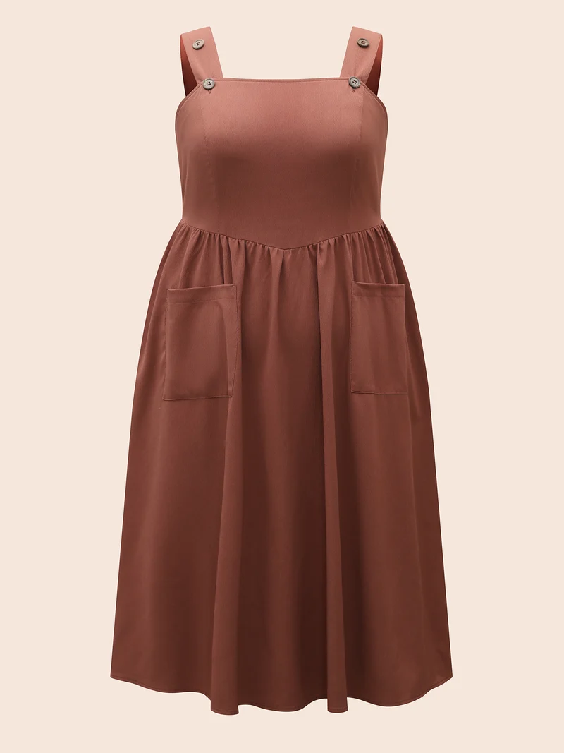 Overall Straps Stretchy-Waist Pockets Midi Dress