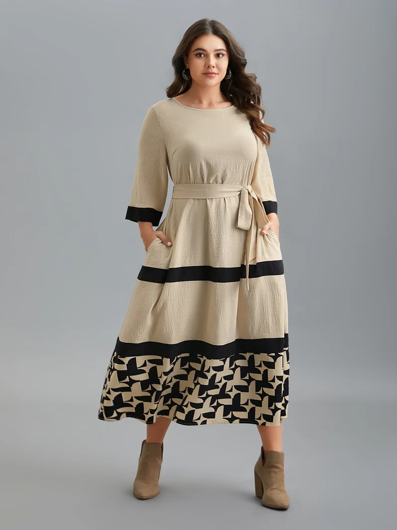 Color-Block Belted Pockets Midi Dress