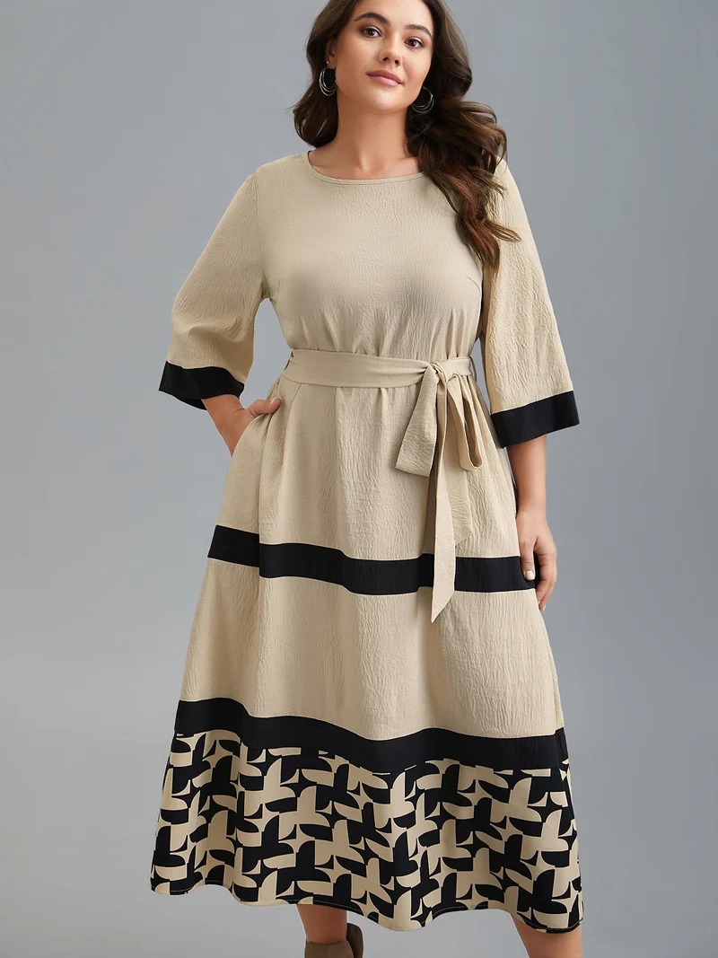 Color-Block Belted Pockets Midi Dress