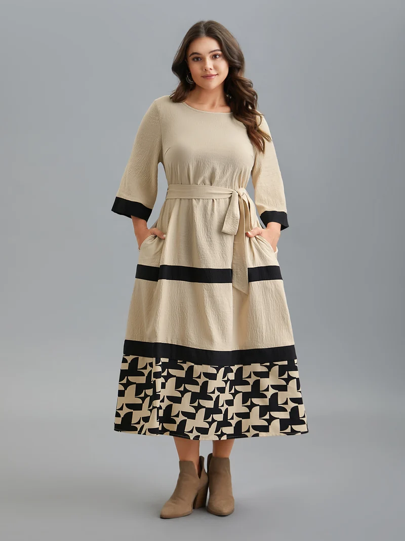 Color-Block Belted Pockets Midi Dress
