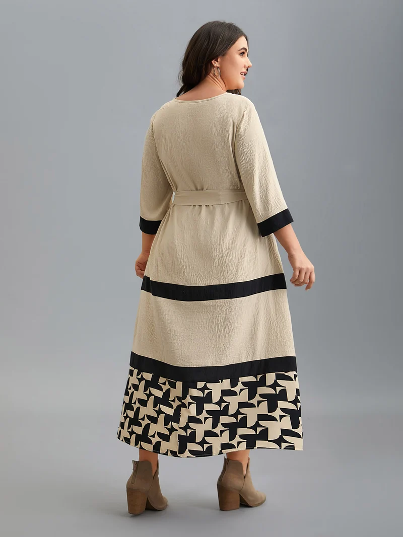 Color-Block Belted Pockets Midi Dress