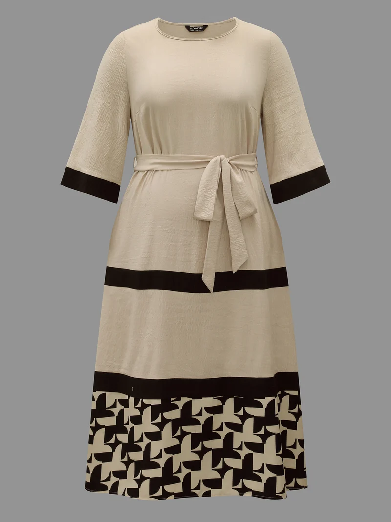 Color-Block Belted Pockets Midi Dress