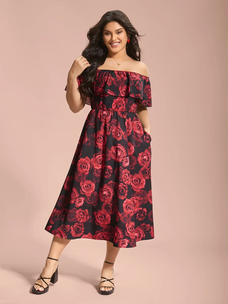 Off-Shoulder Rose Pattern Ruffled Dress