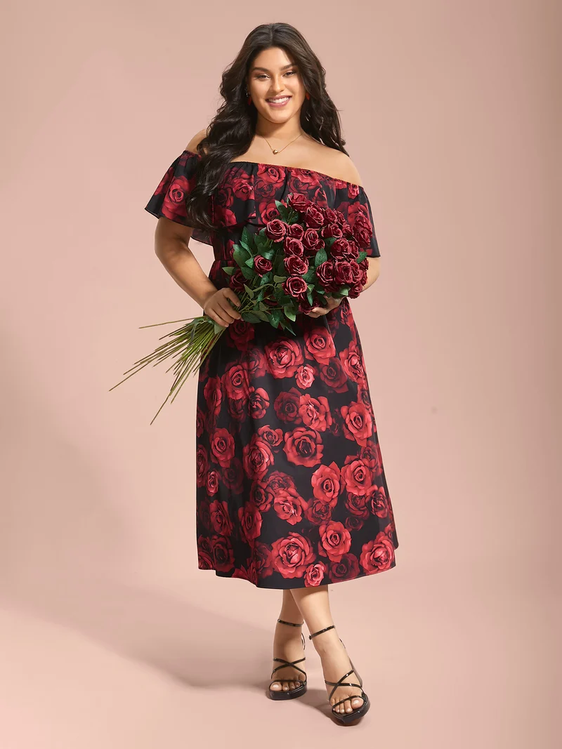Off-Shoulder Rose Pattern Ruffled Dress