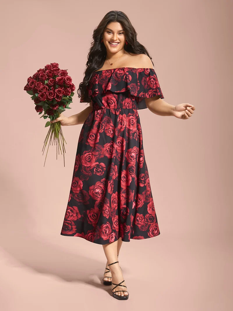 Off-Shoulder Rose Pattern Ruffled Dress