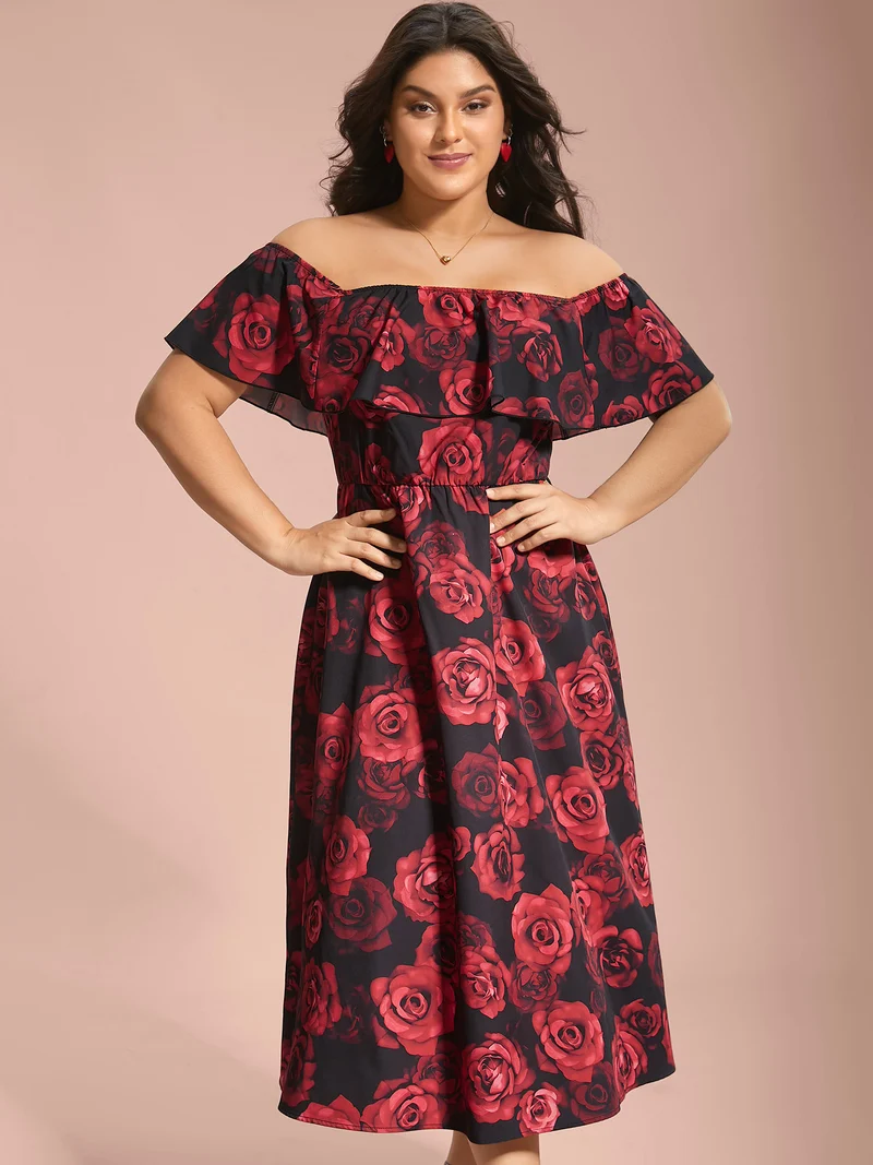 Off-Shoulder Rose Pattern Ruffled Dress