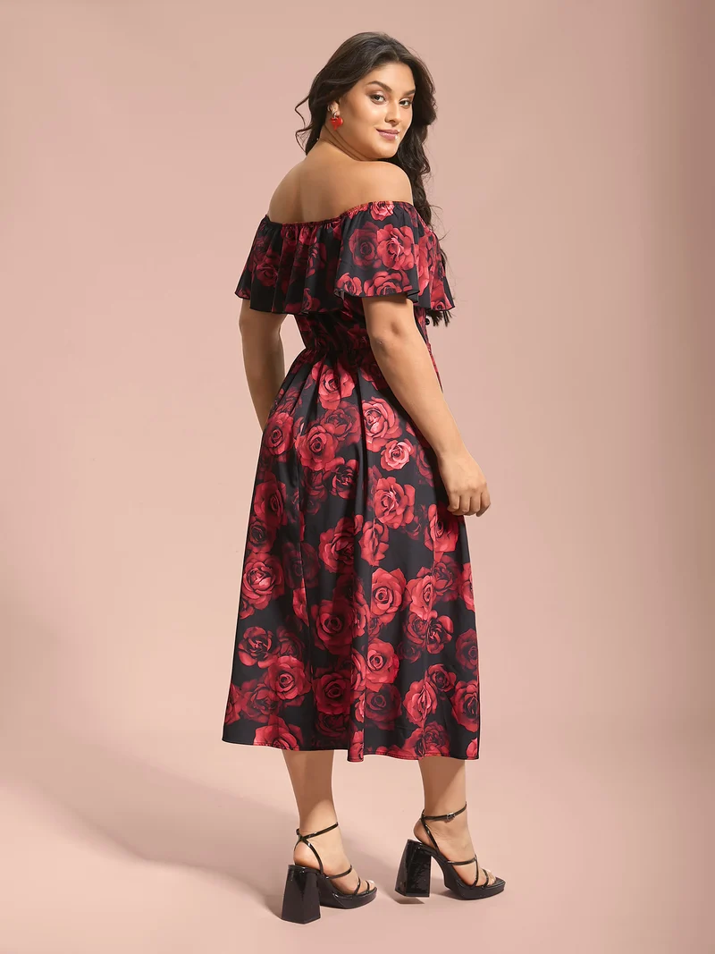 Off-Shoulder Rose Pattern Ruffled Dress