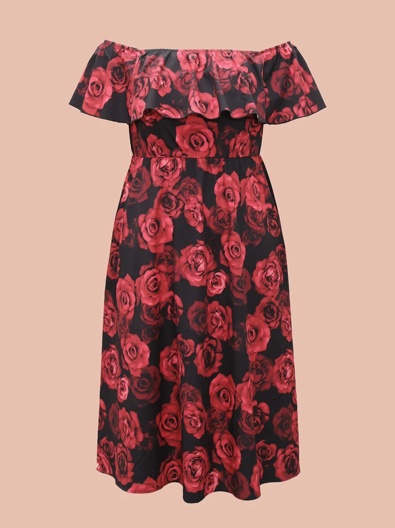 Off-Shoulder Rose Pattern Ruffled Dress
