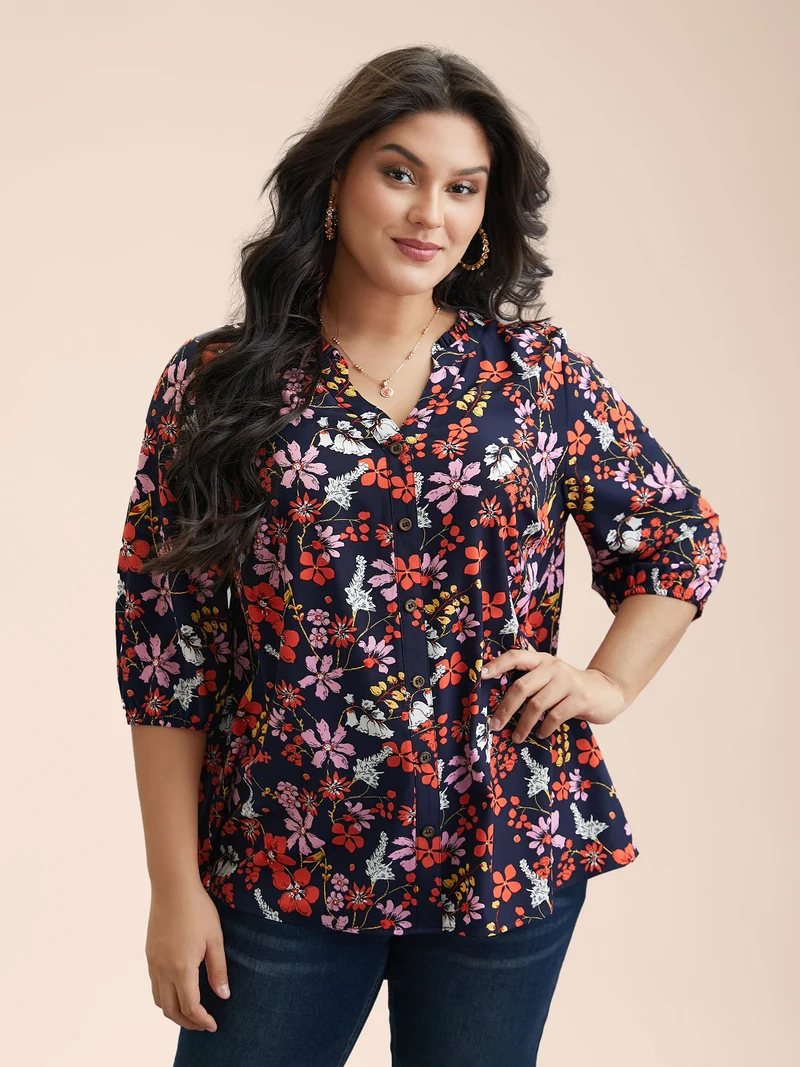 Floral Print Ruffled Button Placket Shirt