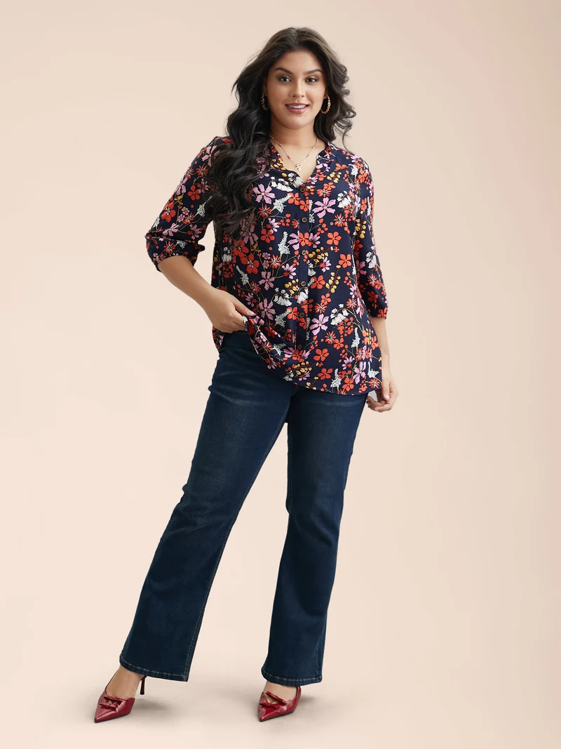 Floral Print Ruffled Button Placket Shirt
