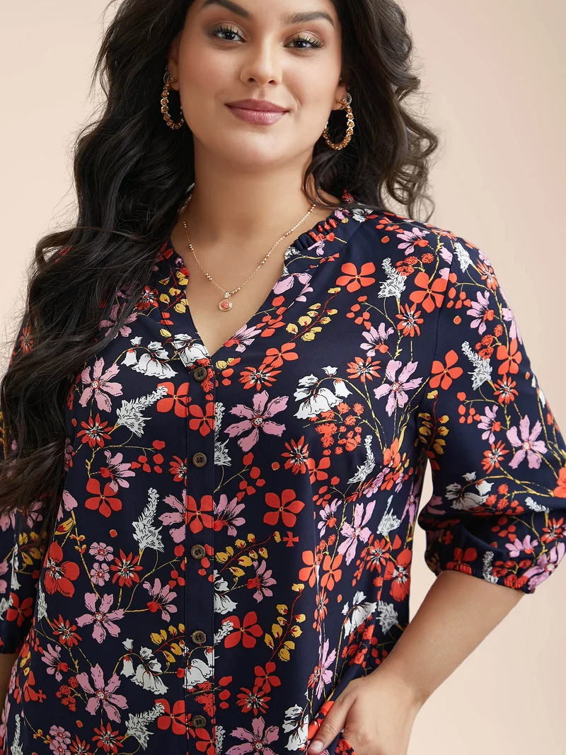 Floral Print Ruffled Button Placket Shirt
