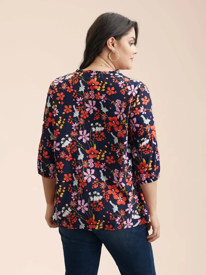 Floral Print Ruffled Button Placket Shirt