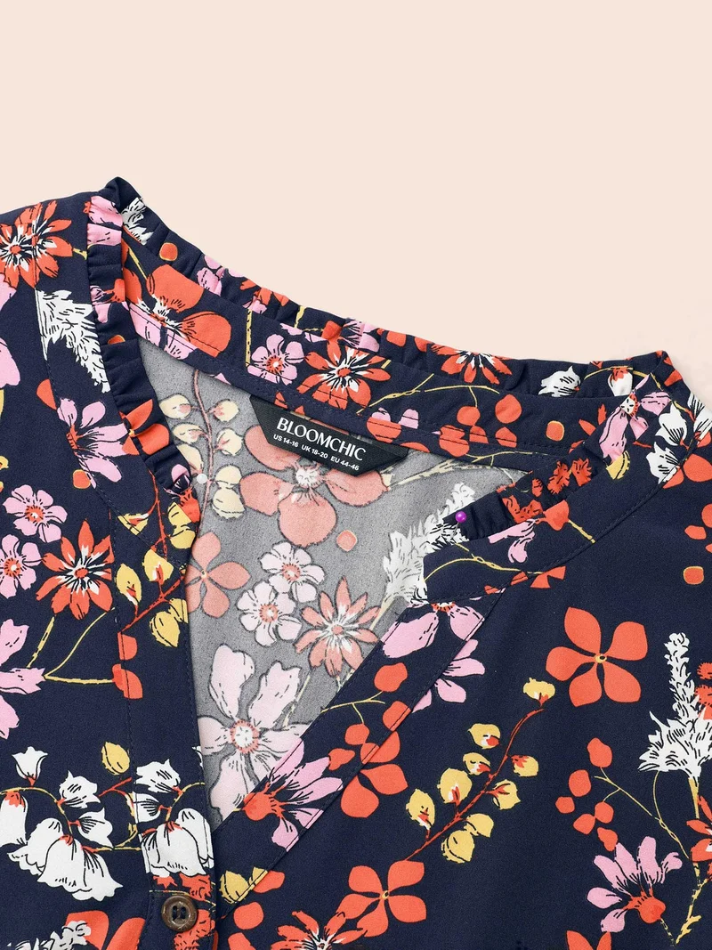 Floral Print Ruffled Button Placket Shirt