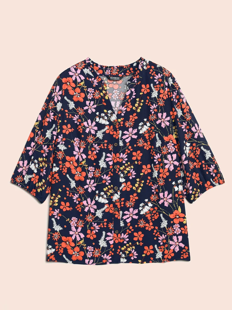 Floral Print Ruffled Button Placket Shirt