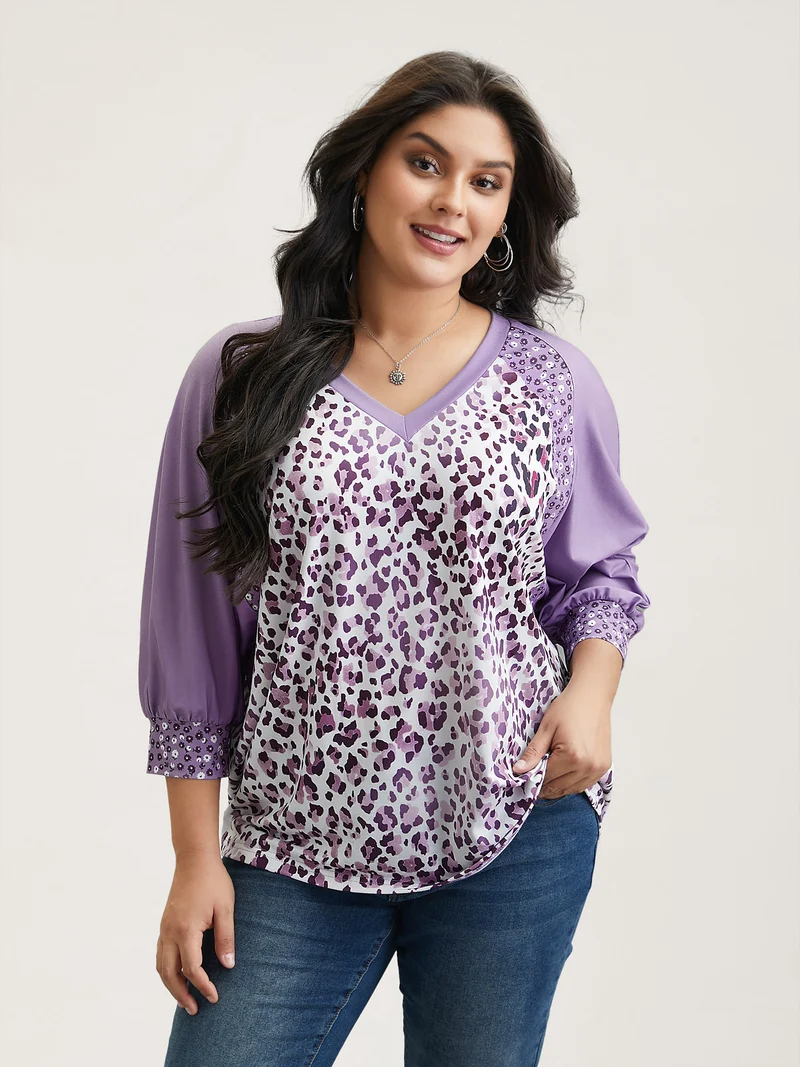 Leopard Print Contrast Raglan Sleeve T-Shirt