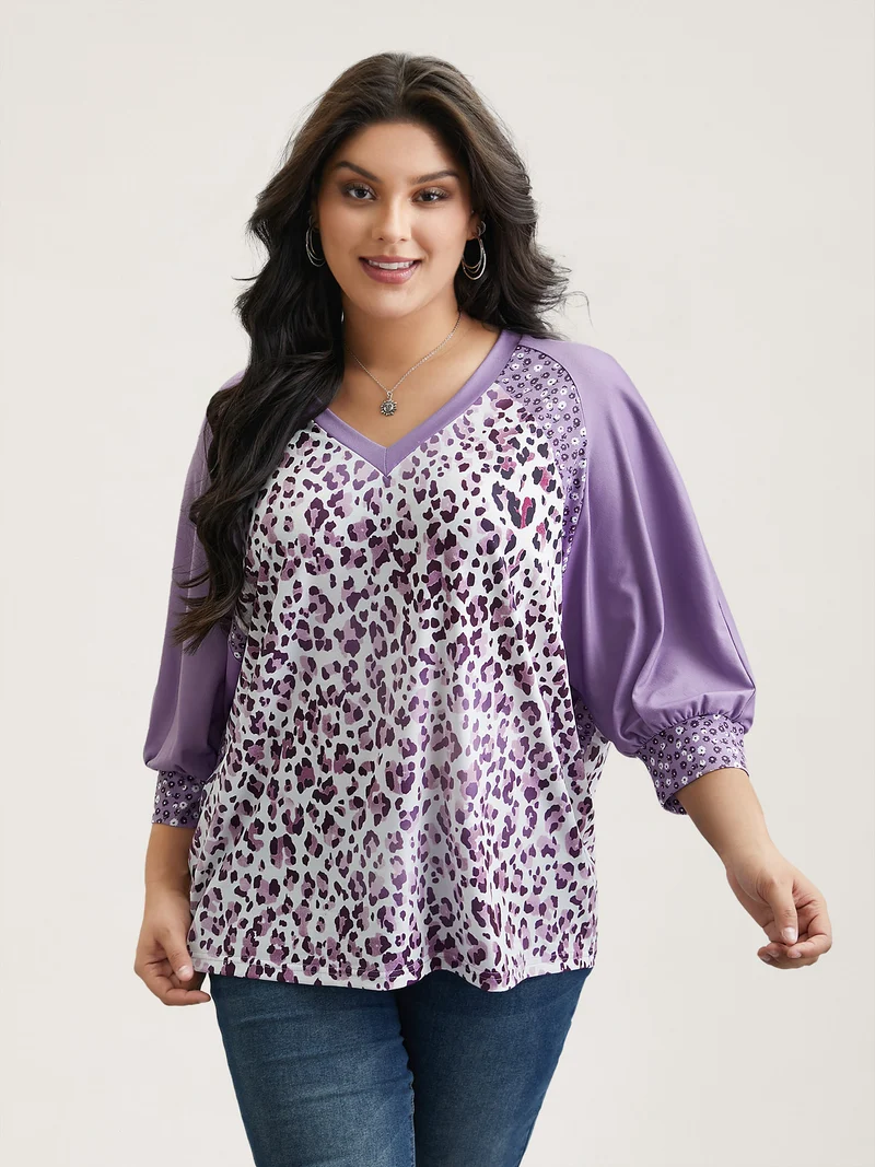 Leopard Print Contrast Raglan Sleeve T-Shirt