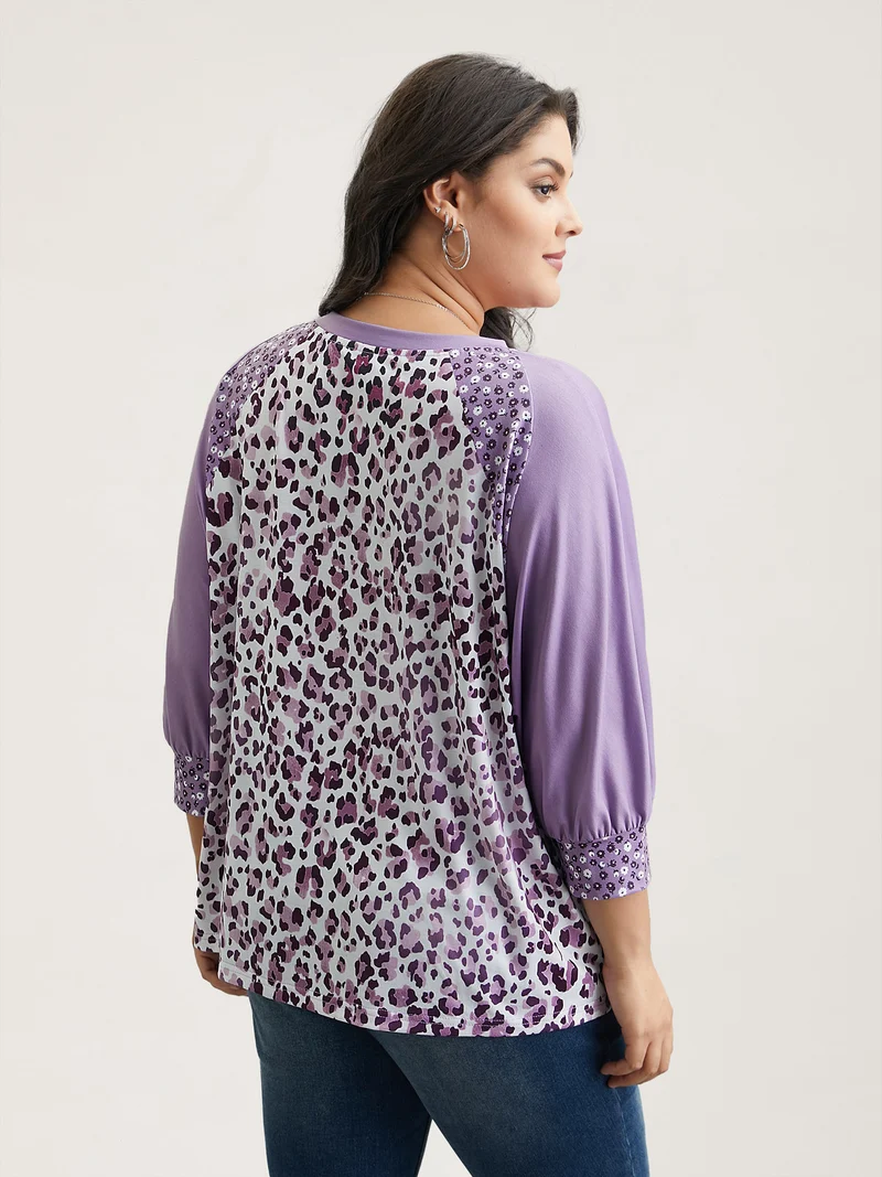 Leopard Print Contrast Raglan Sleeve T-Shirt