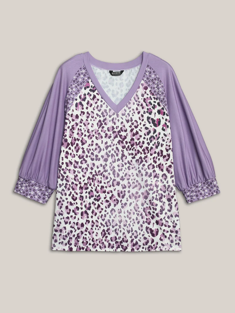 Leopard Print Contrast Raglan Sleeve T-Shirt