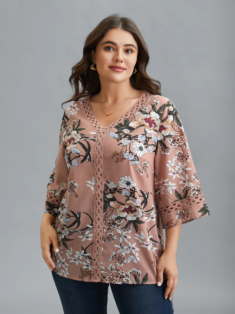 Blooming Flower Print Webbing Spliced Blouse