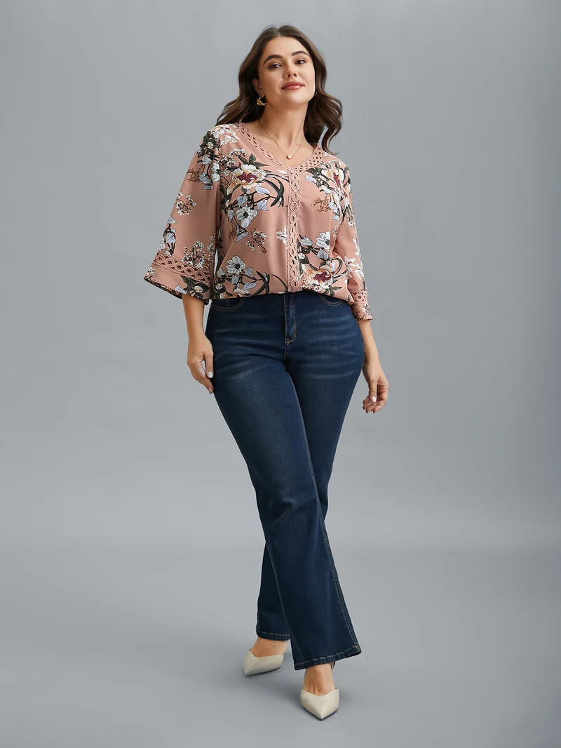Blooming Flower Print Webbing Spliced Blouse