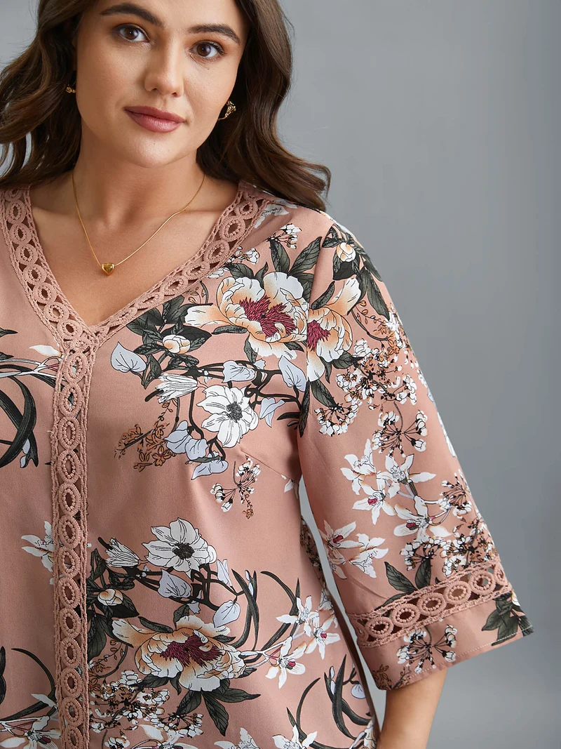 Blooming Flower Print Webbing Spliced Blouse
