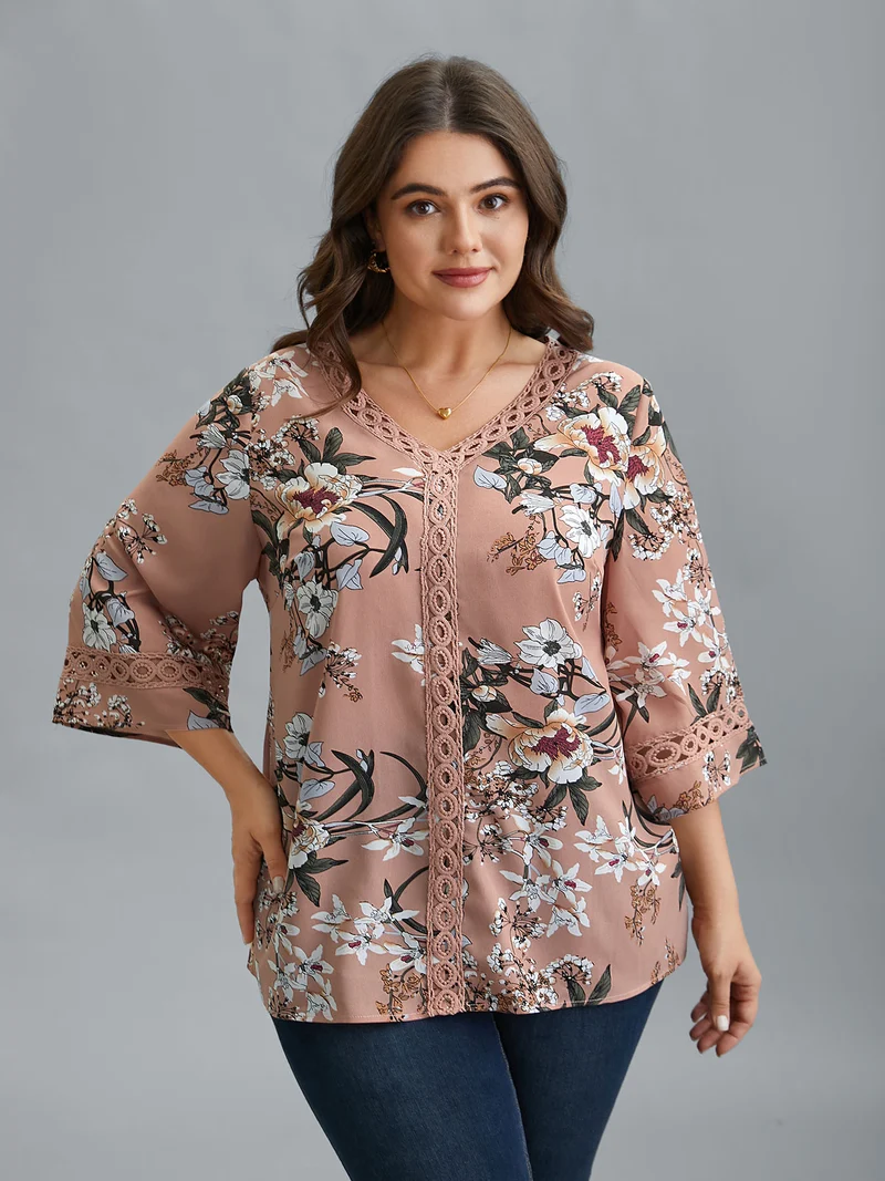 Blooming Flower Print Webbing Spliced Blouse