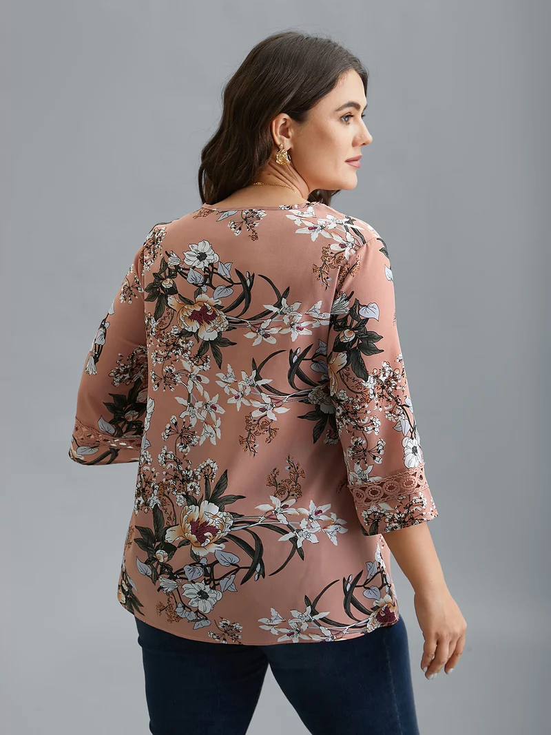Blooming Flower Print Webbing Spliced Blouse