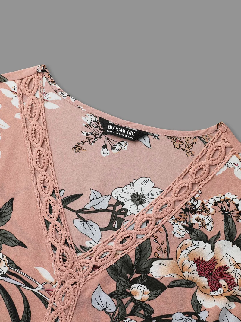 Blooming Flower Print Webbing Spliced Blouse