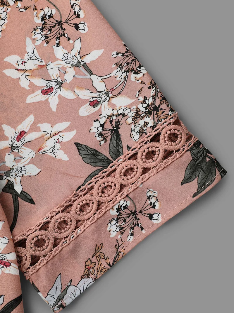 Blooming Flower Print Webbing Spliced Blouse