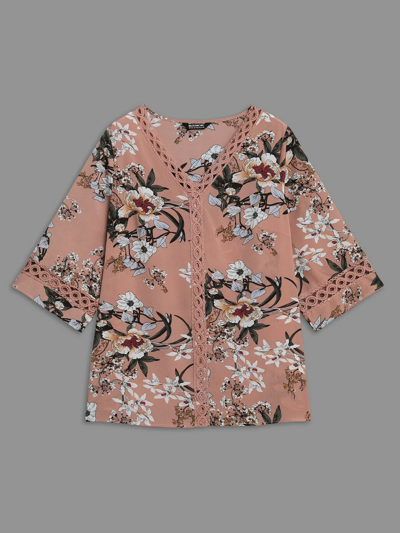 Blooming Flower Print Webbing Spliced Blouse