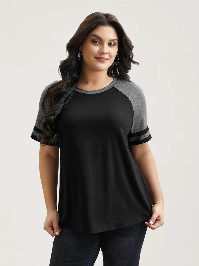 Color Block Stretchy Raglan Sleeve T-Shirt