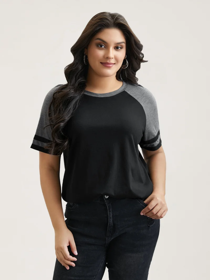 Color Block Stretchy Raglan Sleeve T-Shirt