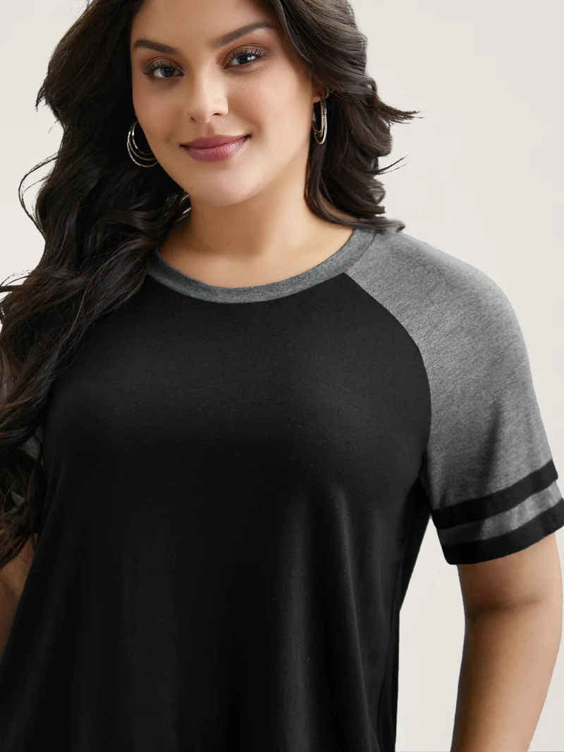 Color Block Stretchy Raglan Sleeve T-Shirt